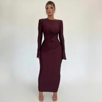 Round necked pleated slim fit long sleeved dress D1992950
