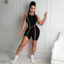 Summer women's new style contrast stripes sleeveless tight-fitting hip sports jumpsuit  K21Q00366