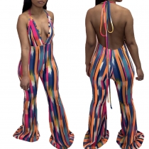 Women's spring and summer thin fashion print loose flared trousers jumpsuit WJ5200