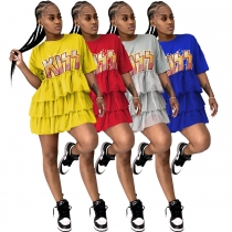 Women's Printed Cake Skirt Mesh Dress T-shirt Dress Summer AL159