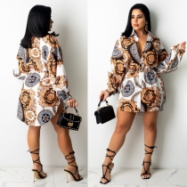 Autumn and winter long-sleeved V-neck belt fashion sexy printed dress A8637
