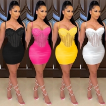 Sexy Sling Wrapped Breast Mesh Hot Rhinestone Solid Color One-piece Dress X5132