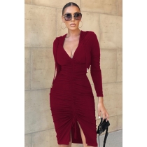 Fashion sexy deep V-neck front slit with tie rope retractable dress WY6854 