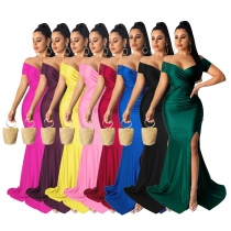 Women's sexy dress nightclub v-neck dress solid color large slit long skirt spring and summer short sleeves AL243