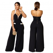 Fashion casual hanging neck V-neck wide-leg comfortable loose jumpsuit new CY9816