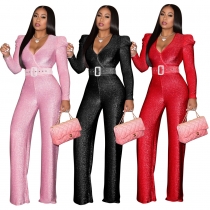Women's Solid Knit Composite Puff Sleeves Zip Back Jumpsuit with Belt z9143