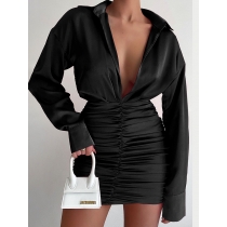 Temperament V-neck sexy pleated tight-fitting long-sleeved hip-pack shirt dress YJ21197DG
