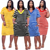 Ladies Fashion Sexy Loose Striped Print V-Neck Casual Dress With Pockets EQ2985