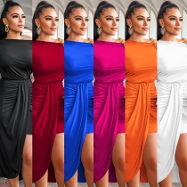 Fashion Solid Color One Shoulder Irregular Dress Women's X5850
