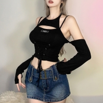 Women's solid color slim fashion strap sexy backless long sleeve T-shirt K22S20223