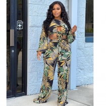 Crew neck sexy printed long sleeve wide leg pants two-piece set KG552