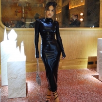 Fashion faux leather dark solid slim dress D2810014K