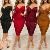 Women's sexy one shoulder pleated hip wrap long sleeve dress OS6805