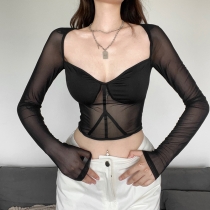 Women's fashion long sleeve square neck sexy gauze perspective slim t-shirt K22L21260