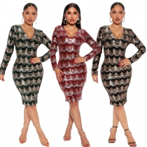Sequin Sexy Deep V Long Sleeve Slim Fit Wrap Hip Dress Party Night Club Carnival Dress YM9308