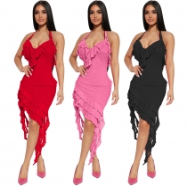 Strap gauze perspective double-layer ruffle sexy dress Q23S8297