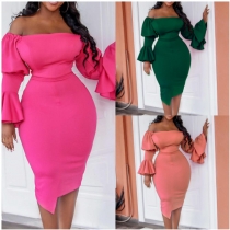 Large Women's Flare Sleeves Wrapped Hip Tight Fashion Dress D3090