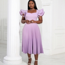 Light purple square neck dress with elegant temperament and casual commuting pleated skirt AM030117