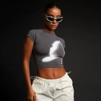 Women's Featured Printed Short Open Button Short Sleeve Basic Pullover American Street Fashion T-shirt KJ02116