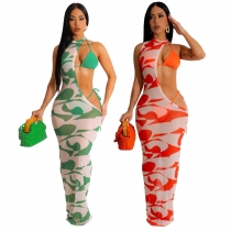 Size printed irregular mesh dress bikini three piece set CY900528
