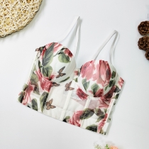 Styling and shaping rose print wrap chest, sweet and cute style mesh bra, short open back pleated suspender, no underwear KNN8467