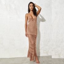 Solid color suspender knitted hollow waist fringed mid length skirt swimsuit cover up MJ81325