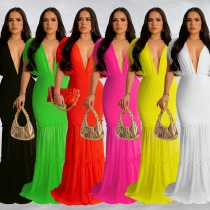 Women's solid color pleated V-neck sleeveless long dress dress C6363