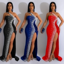 Fashion Women's Solid Color Hot Diamond Sequins Sleeveless Long Dress Dress C6365