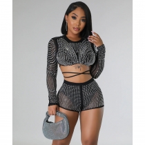 Women's solid color mesh hot diamond long sleeved shorts two-piece set C6367