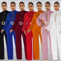 Women's waistband lace cut out solid color long sleeved pants jumpsuit X6345