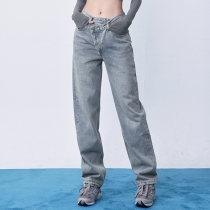 Women's Jeans V-Waist Straight Barrel Irregular Diagonal Button Design Jeans MC23002