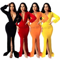 Solid color large V-neck sexy women's slim fitting nightclub dress evening dress H224