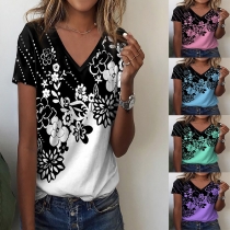 New Women's Flower Print V-Neck Short Sleeve Print T-shirt OZN0895
