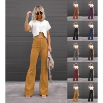 Solid color Corduroy temperament women's trousers Micro lapel pants High waist casual pants XX7714