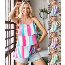 Striped printed pleated layered halter top for women XX7725