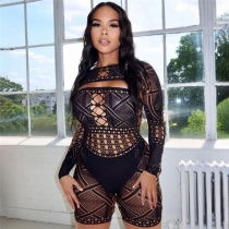 Sexy Hollow Lace Perspective High Waist Tight Knitted One Piece Shorts W22Q25125