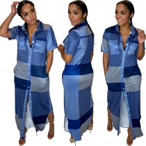 Women's contrasting color plaid split button loose shirt with lapel and large swing dress W8421