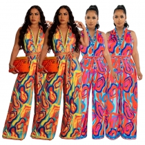 Ethnic style sleeveless positioning printed wide leg jumpsuit Q23Y8389
