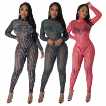 Round neck fashionable printing perspective mesh nightclub sexy jumpsuit Q23Y8364