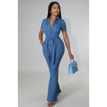 Sexy and fashionable short sleeved denim jumpsuit jumpsuit flared pants JLX3547