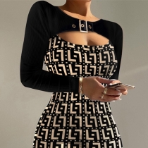 Printed buckle embellished hollowed out tight buttocks dress A272-1