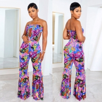 Sexy printed oversized lace up jumpsuit flared pants K2741