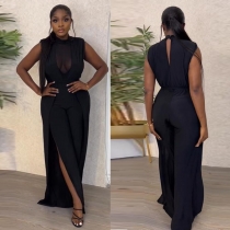 Sexy mesh stitching with perspective wide leg open back jumpsuit K2777