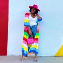 Oversized positioning printed rainbow color long cardigan jacket S10505
