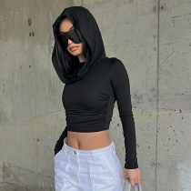 Hooded pile up collar pleated T-shirt for women's slim fitting long sleeved navel exposed solid color basic short top XWET04094