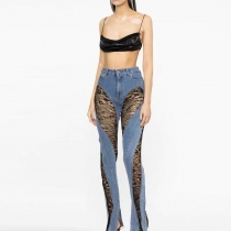 Contrast stitching lace high waisted jeans and pants MD714711924764