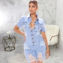 Perforated denim jumpsuit shorts HSF2746