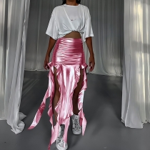 Ribbon tassel reflective PU fishtail skirt with slight elastic irregular skirt half skirt AB327