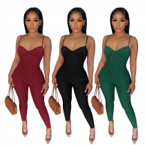 Solid V-neck elastic small pit stripe sexy jumpsuit pants with straps MFS2023005
