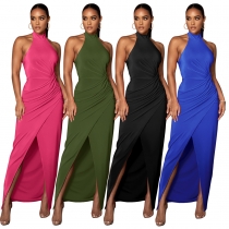 Solid color hanging neck long skirt pleated dress MZ2773